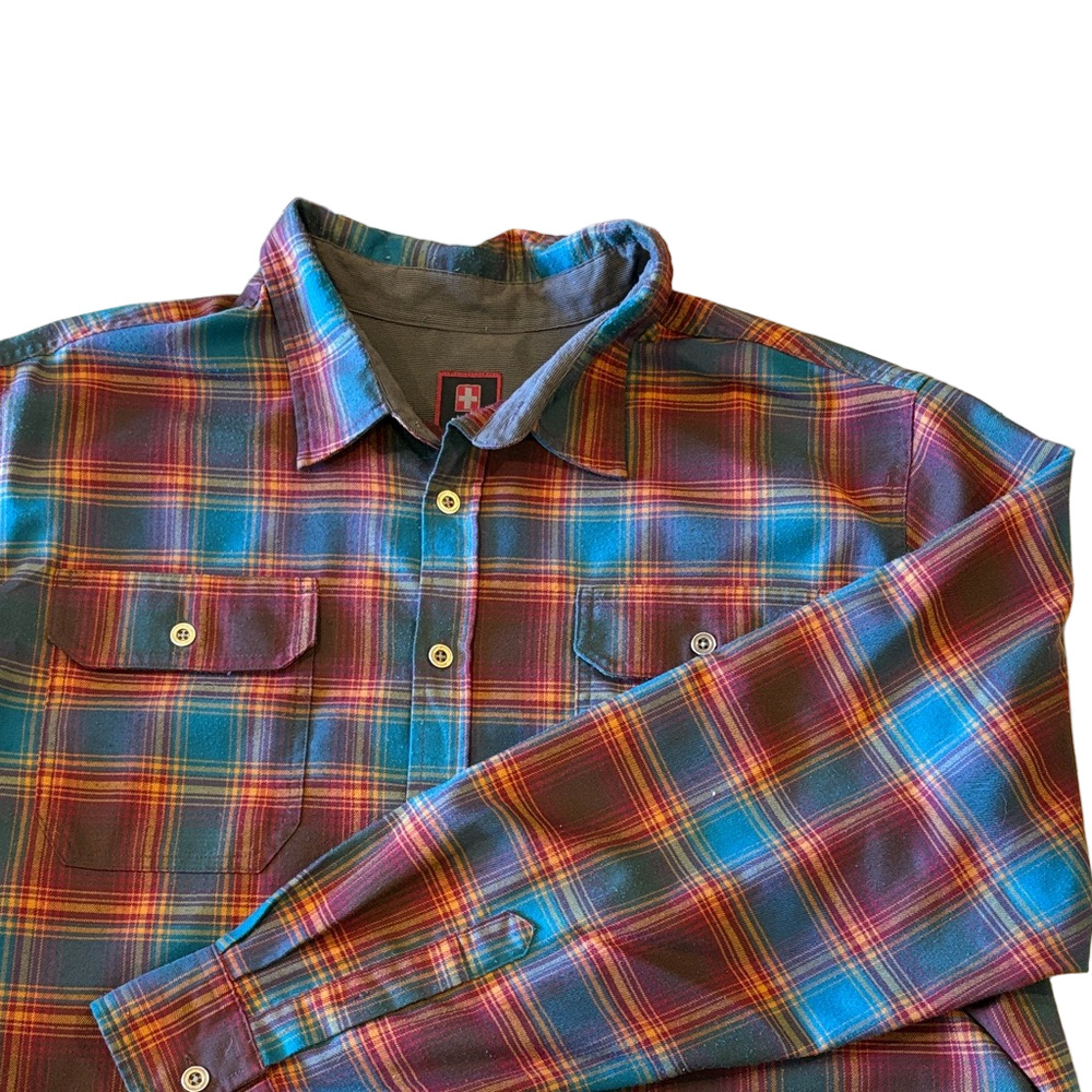 Swiss Tech Plaid Flannel Button Down Shirt 3XL 3X Red Blue Teal Outdoor